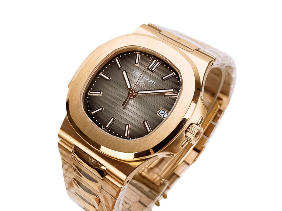 Rose gold Nautilus watch with a 40mm chocolate dial, sleek design, and luxury finish on a linked rose gold bracelet.