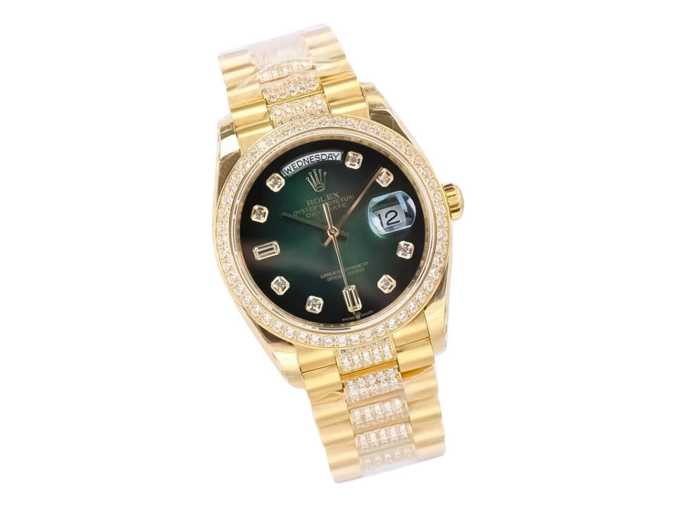 Day-Date 36 Yellow Gold ‘President’ with Diamond Green Ombre Dial, Diamond Bezel, and sparkling gold bracelet.