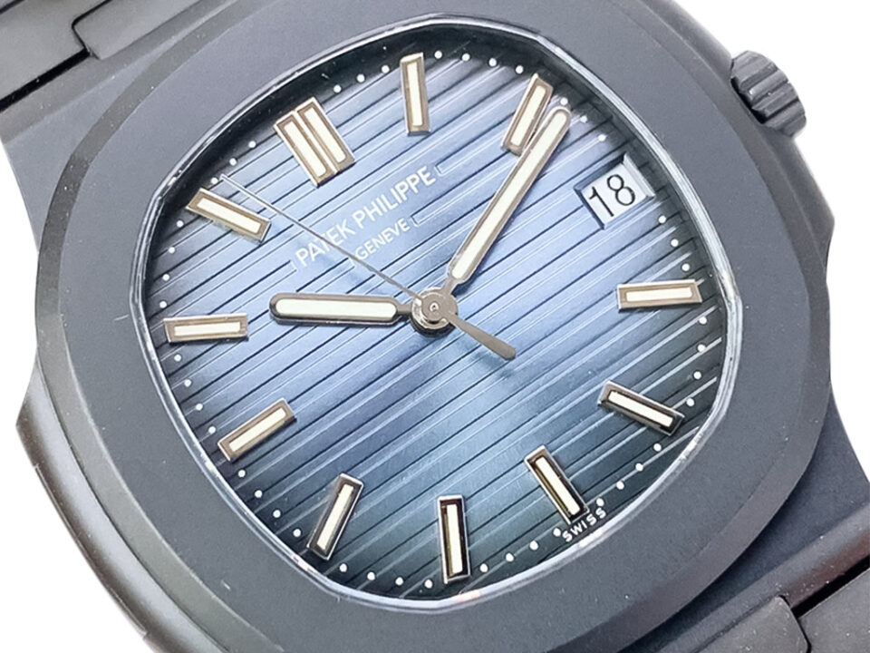 Close-up of the Nautilus 'Black Venom' Limited Edition Carbon Steel watch with a blue dial and 40mm case.