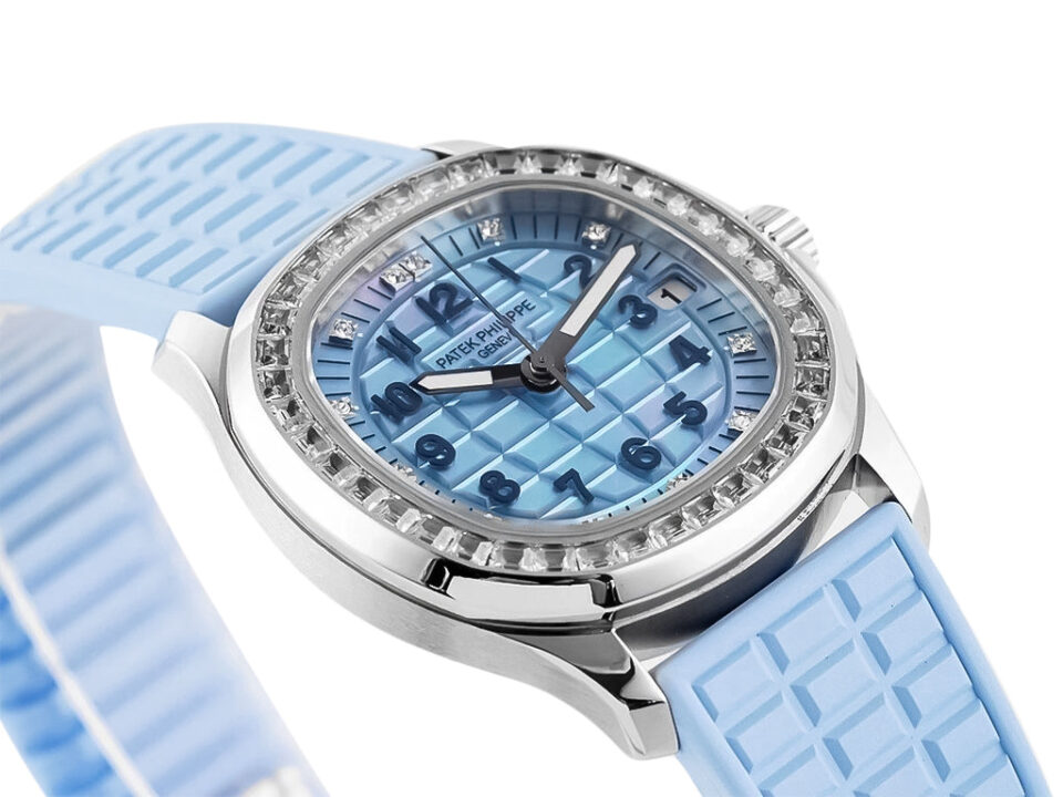 Aquanaut Luce Stainless Steel Diamond Blue watch with a blue quilted dial, diamond bezel, and matching textured strap.