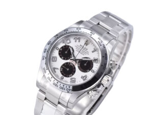 Cosmograph Daytona stainless steel watch with a white dial, Arabic numerals, and three black sub-dials.