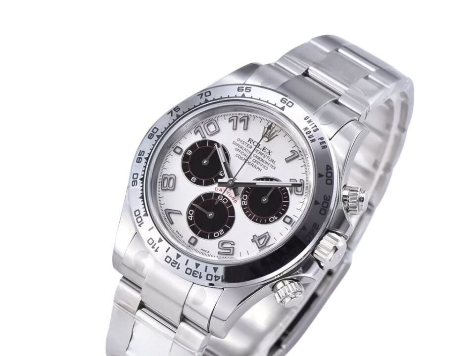 Cosmograph Daytona stainless steel watch with a white dial, Arabic numerals, and three black sub-dials.