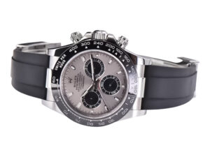 Cosmograph Daytona Stainless Steel Oysterflex with Grey Sunburst Dial, featuring black sub-dials and a sporty rubber strap.