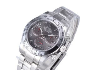 Cosmograph Daytona stainless steel watch with grey sunburst dial, Arabic numerals, and three subdials, on a metal bracelet.