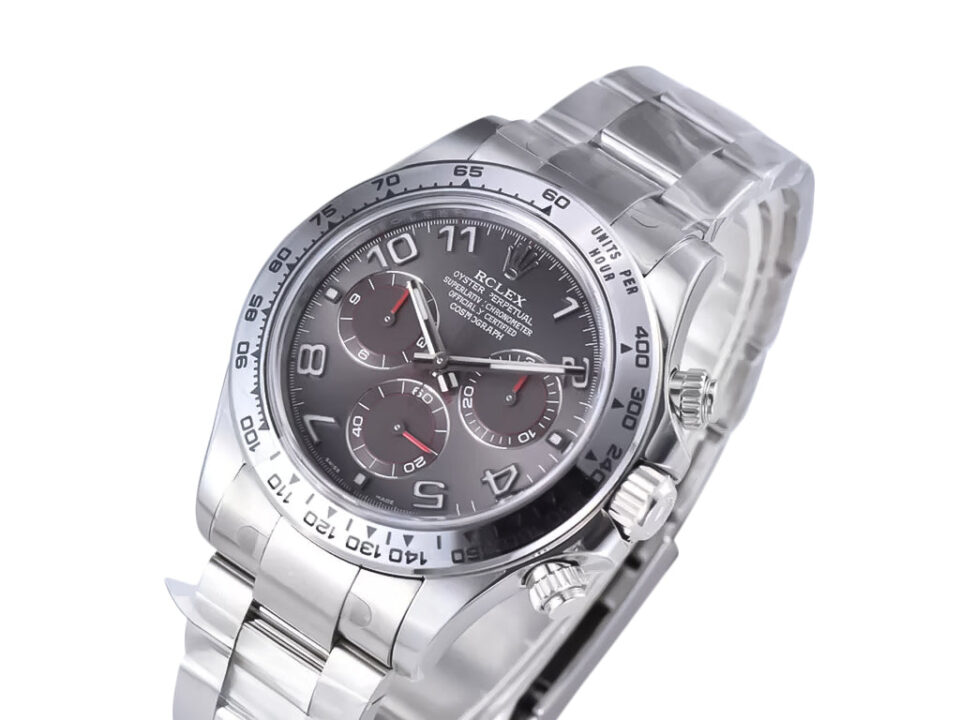 Cosmograph Daytona stainless steel watch with grey sunburst dial, Arabic numerals, and three subdials, on a metal bracelet.