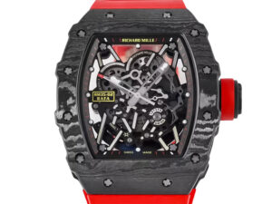 RM 35-02 Rafa watch with black bezel, red markers, skeleton dial, and a red rubber strap. Features a 49mm case diameter.