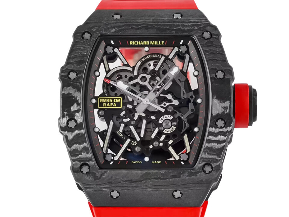 RM 35-02 Rafa watch with black bezel, red markers, skeleton dial, and a red rubber strap. Features a 49mm case diameter.
