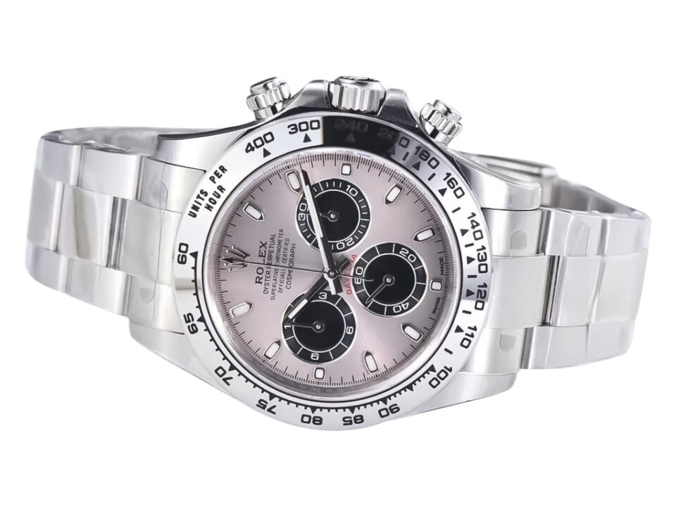 Cosmograph Daytona Stainless Steel watch with grey sunburst dial, black sub-dials, and oyster bracelet displayed at an angle.