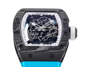 RM055 Bubba Watson watch with white dial, black bezel, blue rubber strap, and intricate skeletonized movement.