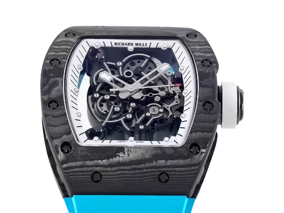 RM055 Bubba Watson watch with white dial, black bezel, blue rubber strap, and intricate skeletonized movement.