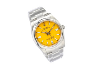 Oyster Perpetual 36 Stainless Steel watch with a vibrant yellow dial, baton hour markers, and a sleek polished bracelet.
