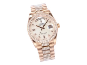 Day-Date 36 Rose Gold 'President' watch with Diamond Mother of Pearl Dial, Diamond Bezel, and elegant bracelet detailing.