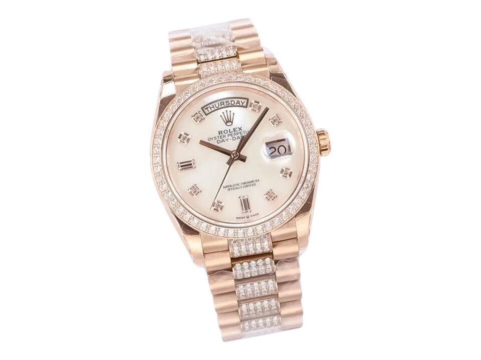 Day-Date 36 Rose Gold 'President' watch with Diamond Mother of Pearl Dial, Diamond Bezel, and elegant bracelet detailing.