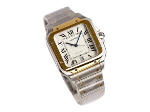 Santos Large Two Tone Yellow Gold with White Dial (40mm) featuring Roman numerals and a stainless steel bracelet.