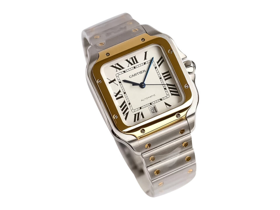 Santos Large Two Tone Yellow Gold with White Dial (40mm) featuring Roman numerals and a stainless steel bracelet.