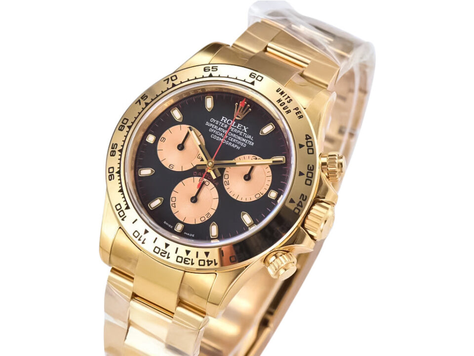 Cosmograph Daytona Yellow Gold 'Paul Newman' watch with black dial, gold case, champagne subdials on a product page.