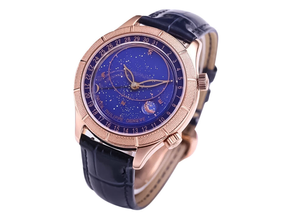 Celestial Only Watch in rose gold with a blue starry sky dial, moon phase display, and black leather strap.