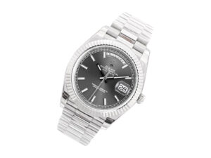 Day-Date 40 White Gold ‘President’ watch with Grey Dial, Fluted Bezel, and bracelet displayed at an angle.