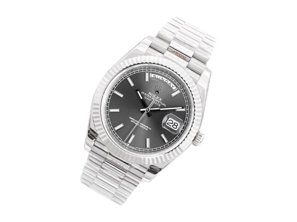 Day-Date 40 White Gold ‘President’ watch with Grey Dial, Fluted Bezel, and bracelet displayed at an angle.