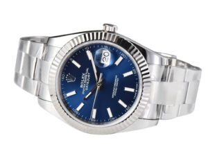 Datejust 41 Stainless Steel watch with Oyster bracelet, blue dial, fluted bezel, and date display at 3 o'clock.