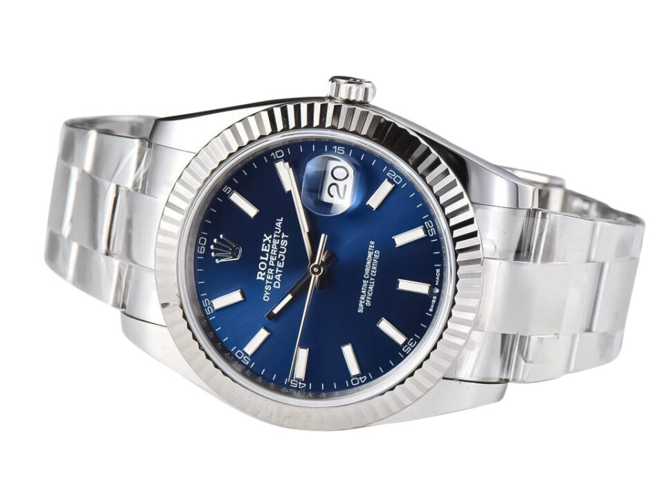 Datejust 41 Stainless Steel watch with Oyster bracelet, blue dial, fluted bezel, and date display at 3 o'clock.