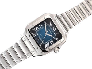 Santos Large Stainless Steel watch with a blue dial, Roman numeral markers, and silver bracelet (40mm).