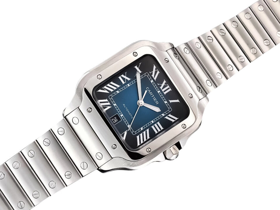 Santos Large Stainless Steel watch with a blue dial, Roman numeral markers, and silver bracelet (40mm).