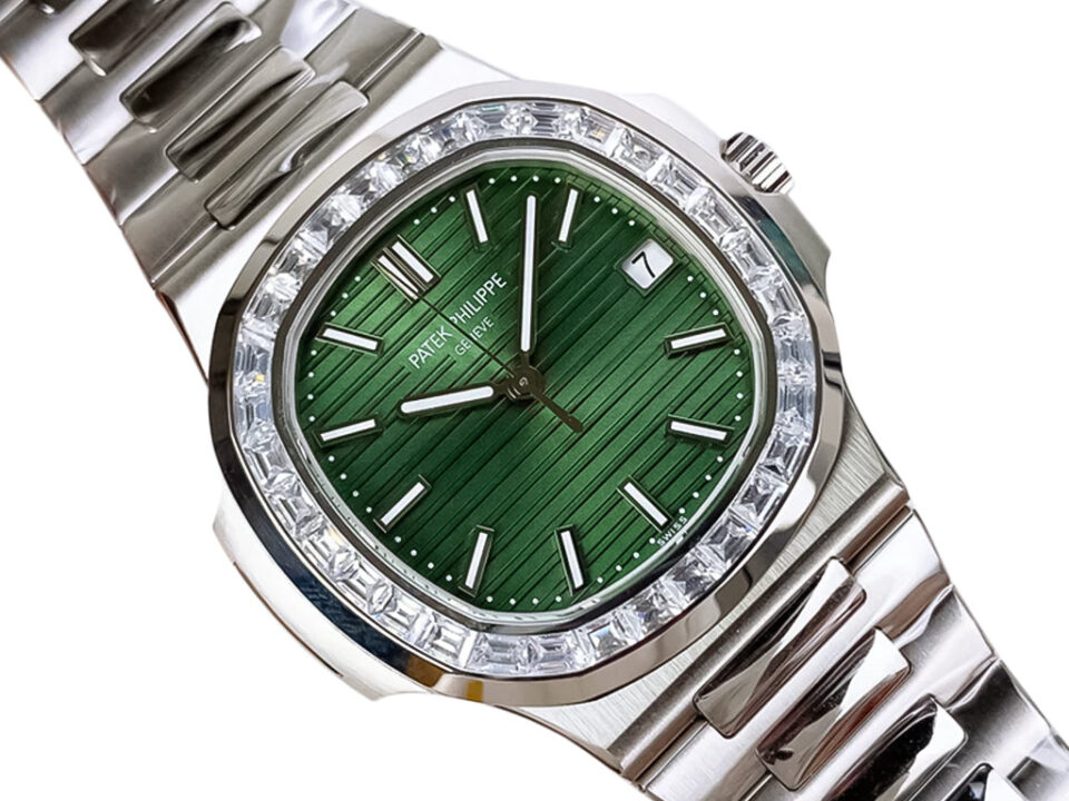 Nautilus Stainless Steel watch with green dial, diamond bezel (40mm), and sleek metallic bracelet showcased.
