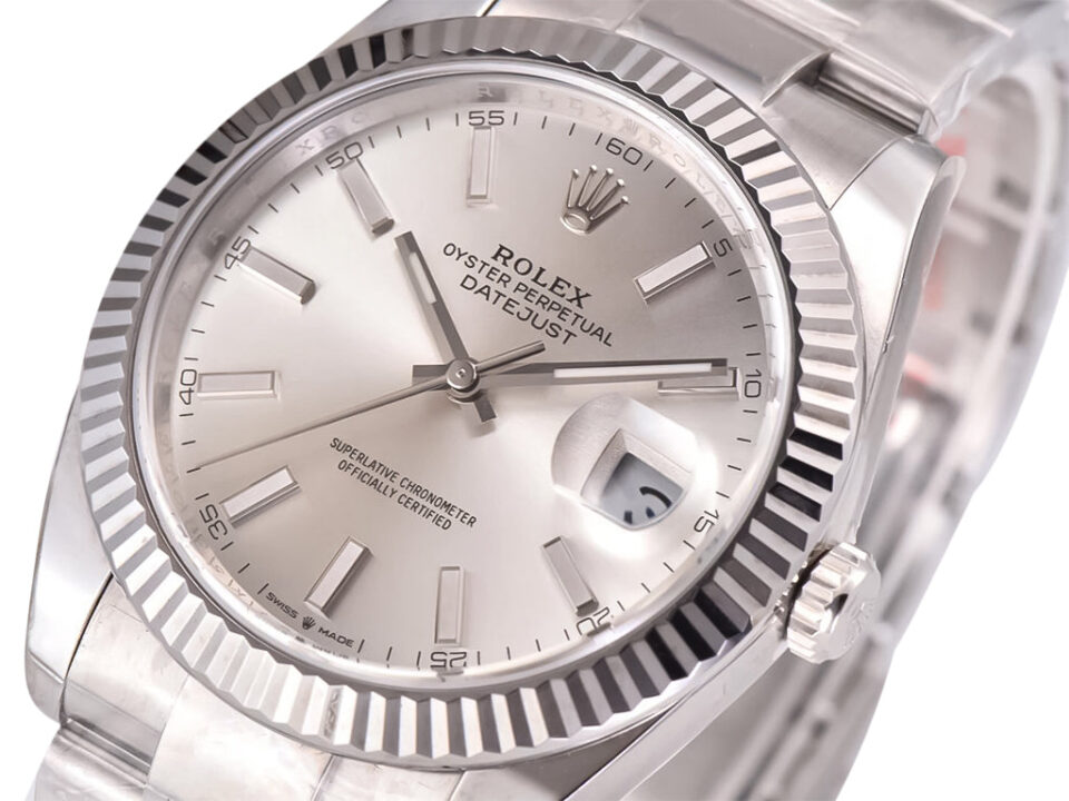 Datejust 41 Stainless Steel watch with a silver dial, fluted bezel, and an Oyster bracelet displayed up-close.