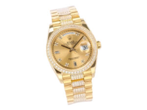 Day-Date 36 Yellow Gold 'President' watch with Diamond Champagne Dial, Diamond Bezel, and gold bracelet displayed.