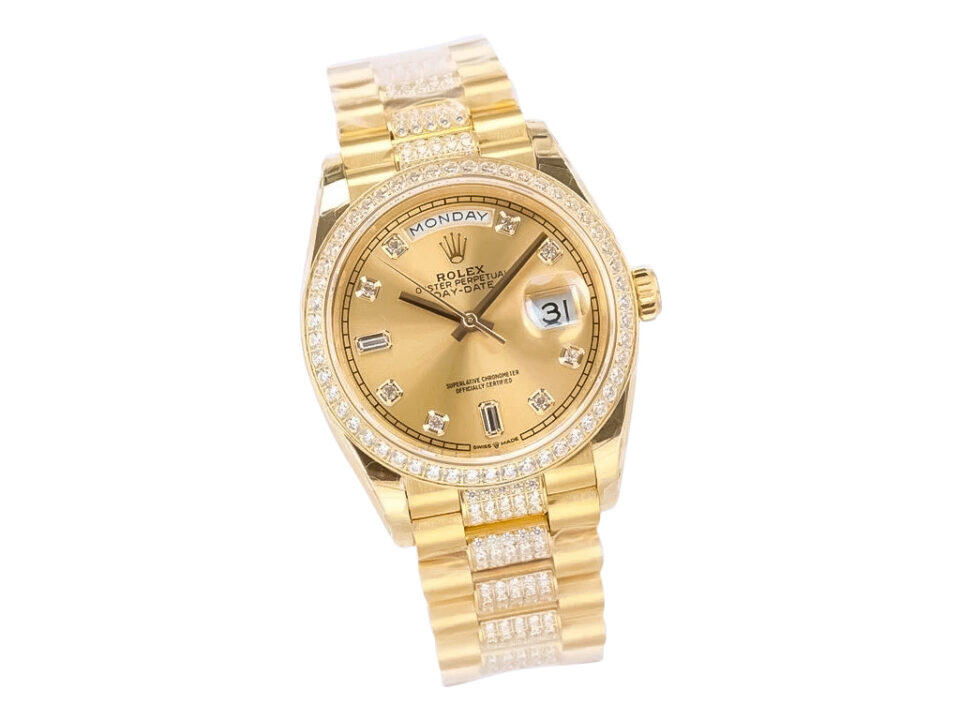 Day-Date 36 Yellow Gold 'President' watch with Diamond Champagne Dial, Diamond Bezel, and gold bracelet displayed.
