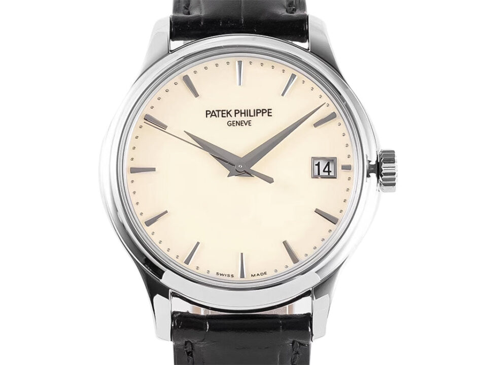 Calatrava Stainless Steel watch with ivory dial (39mm), featuring a date display and black leather strap.