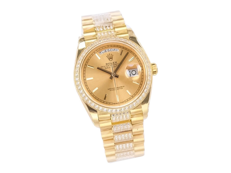 Day-Date 36 Yellow Gold ‘President’ watch with Champagne Dial, Diamond Bezel, and gold bracelet on product display.