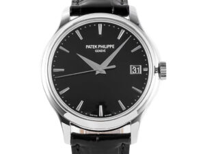 Calatrava Stainless Steel with Black Dial (39mm) featuring sleek silver markers, date display, and black leather strap.