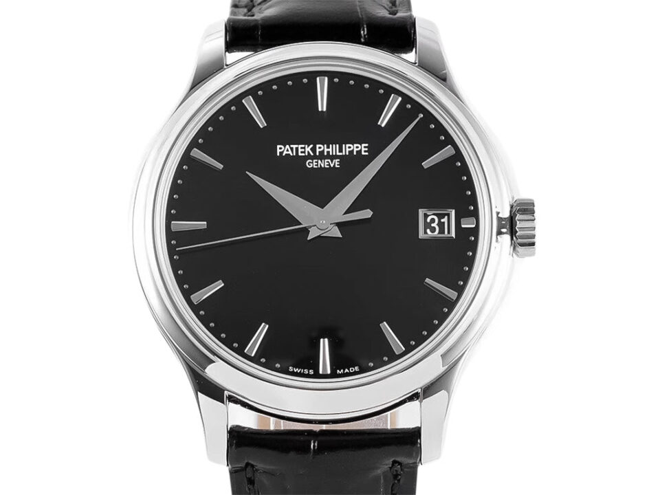 Calatrava Stainless Steel with Black Dial (39mm) featuring sleek silver markers, date display, and black leather strap.
