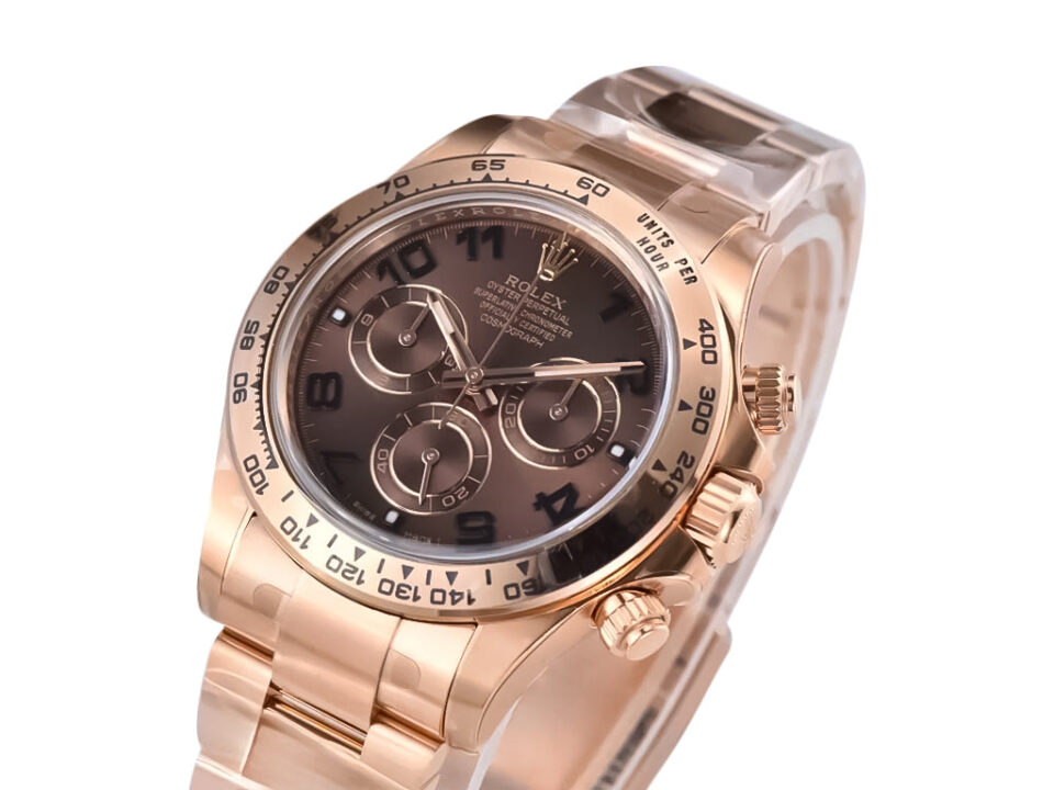 Cosmograph Daytona Rose Gold watch with Chocolate Dial and Arabic Numerals displayed at an angle on a product page.