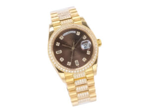 Day-Date 36 Yellow Gold ‘President’ watch with Diamond Chocolate Dial, Diamond Hour Markers, and Diamond-Set Bezel.