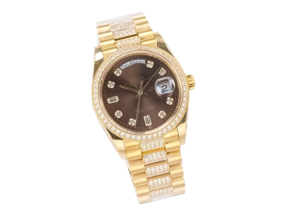 Day-Date 36 Yellow Gold ‘President’ watch with Diamond Chocolate Dial, Diamond Hour Markers, and Diamond-Set Bezel.