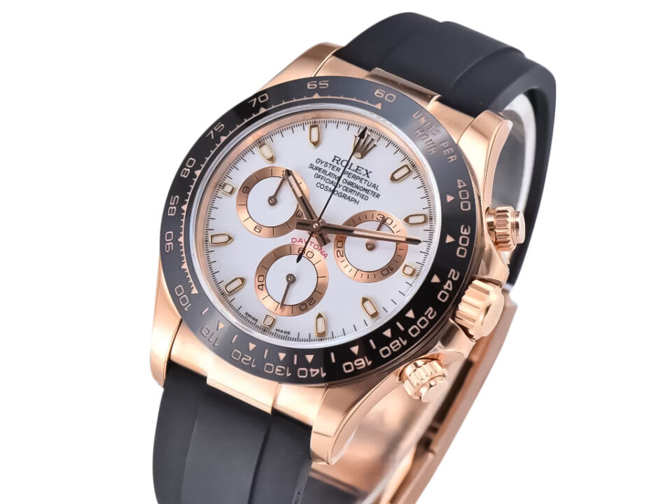 Cosmograph Daytona Rose Gold Oysterflex with Ivory Dial featuring a black bezel and sleek rubber strap, angled close-up view.