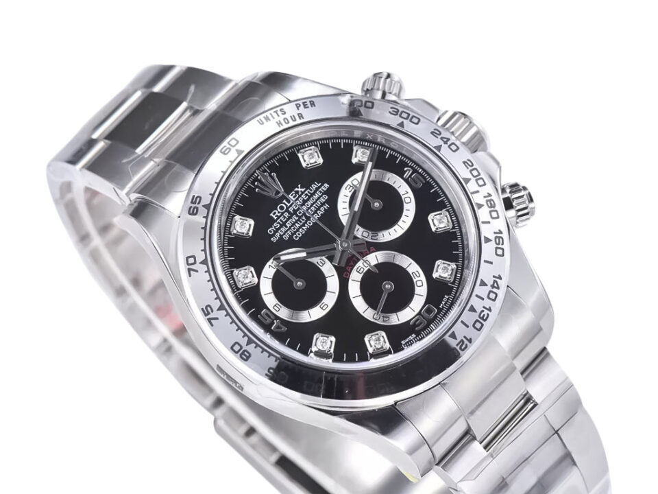 Cosmograph Daytona Stainless Steel watch with Diamond Black Dial, featuring a sleek design and chronograph functionality.
