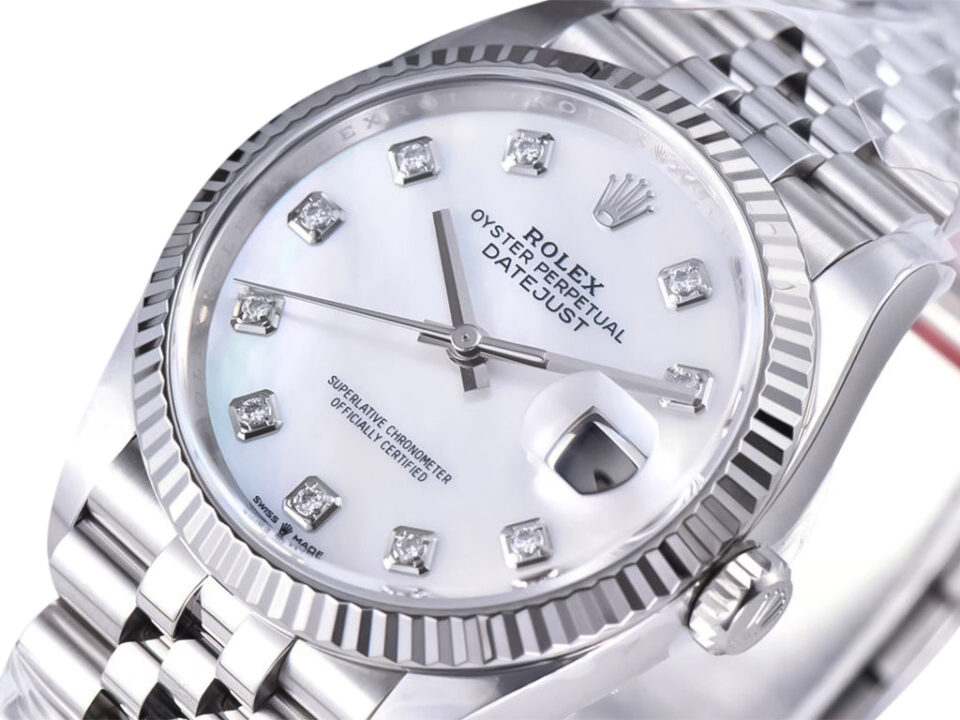 Datejust 36 watch in stainless steel on Jubilee bracelet with a diamond mother-of-pearl dial and fluted bezel.