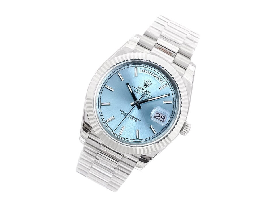 Day-Date 40 Platinum ‘President’ with ice blue dial, fluted bezel, and platinum bracelet displayed at an angle.