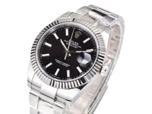 Datejust 41 Stainless Steel on Oyster with Black Dial and Fluted Bezel, featuring a polished bracelet and cyclops lens.