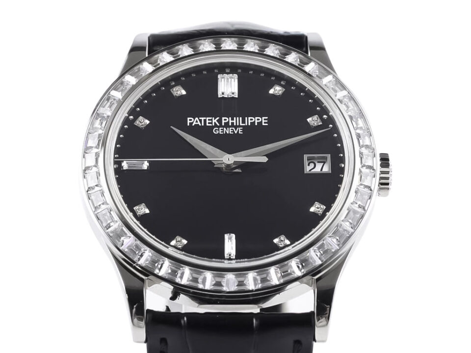Calatrava Stainless Steel Watch with Diamond Black Dial, Diamond Bezel (38mm), and Date Display on a Black Strap.
