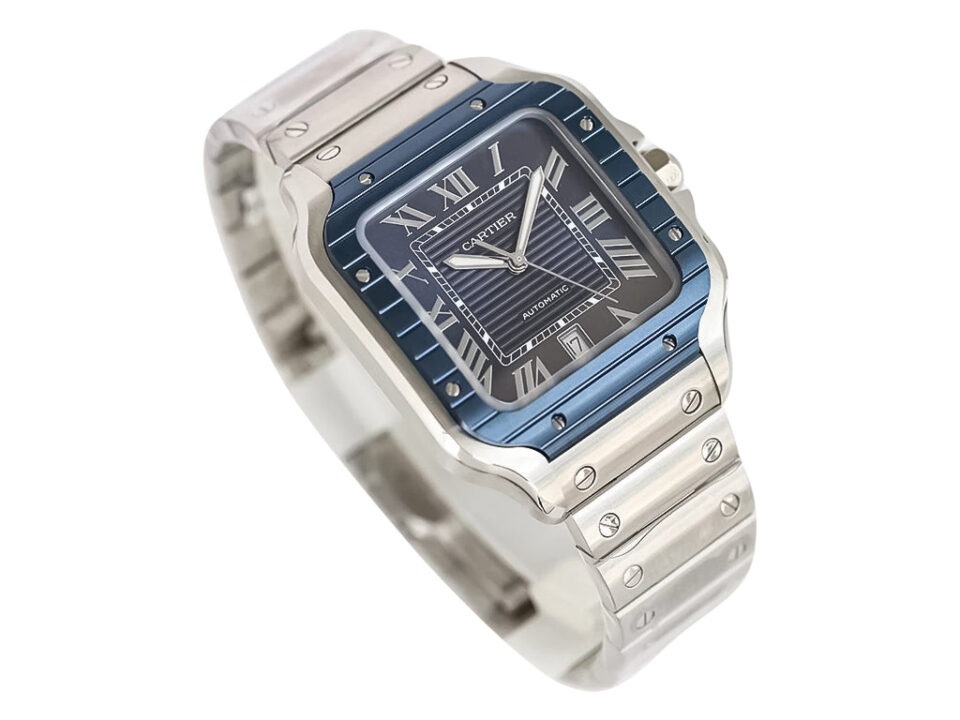 Santos Large Stainless Steel watch with blue dial, blue bezel, Roman numerals, and a 40mm case displayed at an angle.