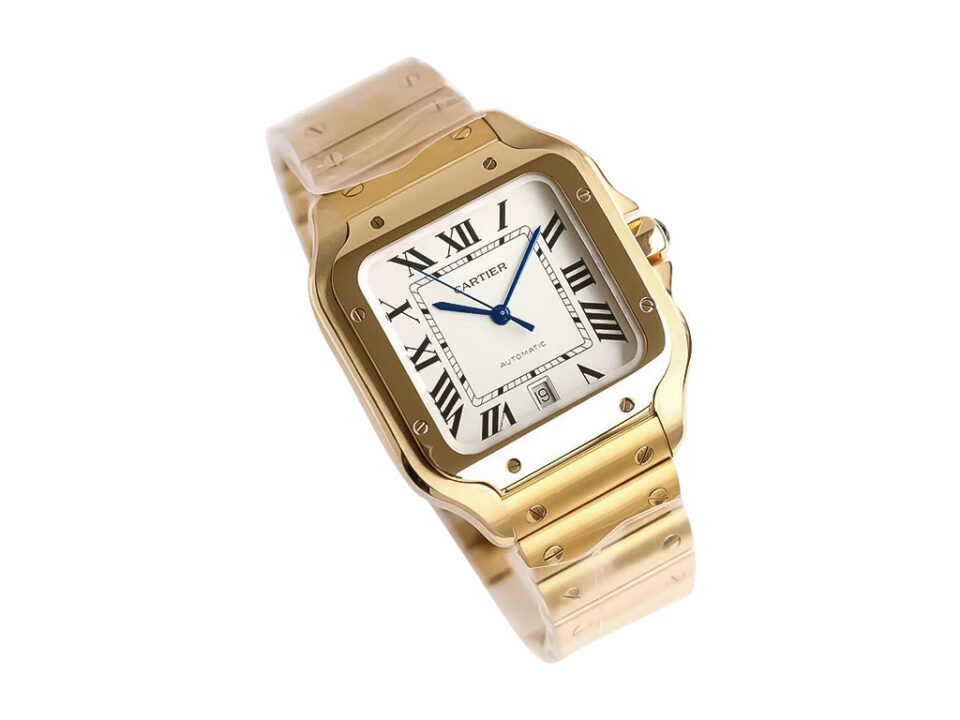 Santos Large Yellow Gold with White Dial (40mm), featuring Roman numerals, blue hands, and a gold bracelet.