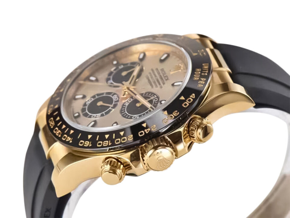 Close-up of Cosmograph Daytona Yellow Gold Oysterflex with Champagne Dial featuring a sleek black bezel and rubber strap.