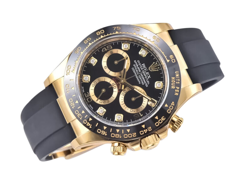 Cosmograph Daytona Yellow Gold Oysterflex watch with diamond markers, black dial, and yellow gold details.