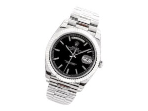 Day-Date 40 White Gold 'President' watch with black dial, fluted bezel, and signature Presidential bracelet.