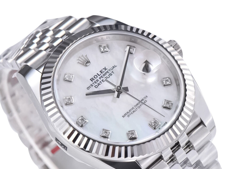 Datejust 41 Stainless Steel on Jubilee with Diamond Mother of Pearl Dial and Fluted Bezel, showcasing luxury craftsmanship.